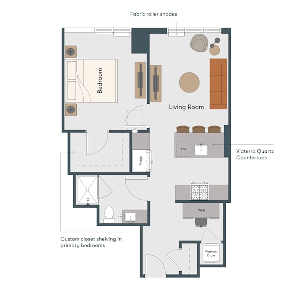 A floor plan of a living space with a bedroom and living room.