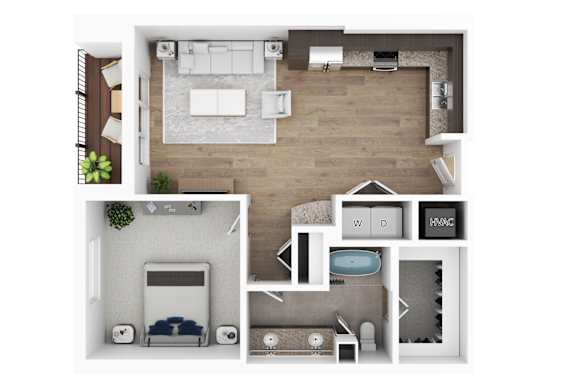 A top-down view of a house layout with a kitchen, living room, bedrooms, and bathrooms.