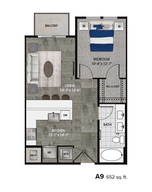 A floor plan of an apartment with a living room, bedroom, kitchen, and bathroom.