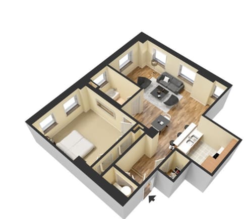 A 3D image of a house layout with a kitchen, living room, and two bedrooms.