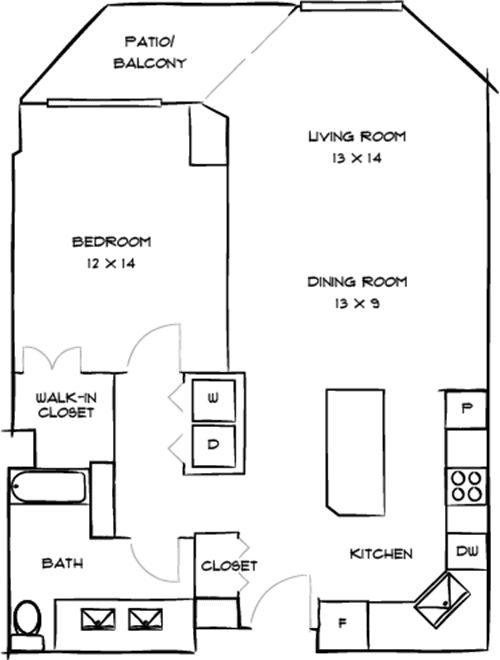 A floor plan of a house with a patio balcony, living room, den, walk-in closet, bath, and kitchen.