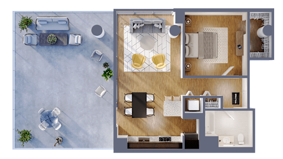 A top-down view of a house layout with a living room, kitchen, and dining area.