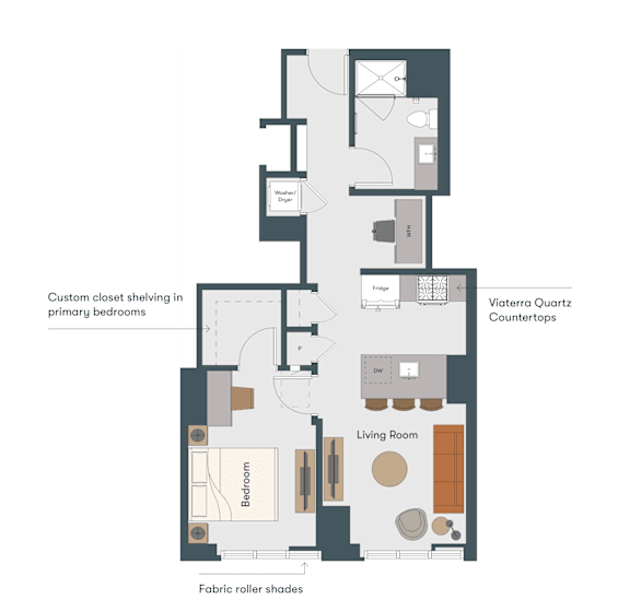 A diagram of a house layout with labeled rooms and features.