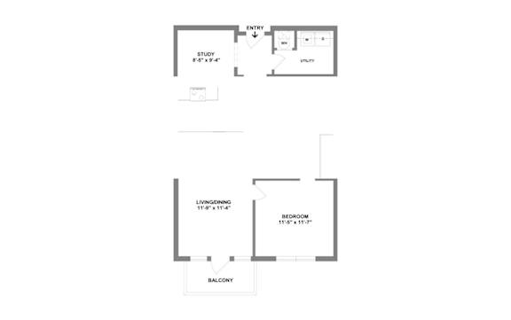 A floor plan of a home with a living room, bedroom, and study.