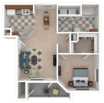 A 3D in-game layout of a house with a kitchen, living room, and bathroom.