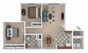 A floor plan of a small apartment with a kitchen, living room, and bathroom.