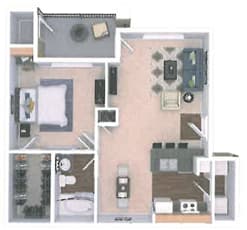 A floor plan of a small apartment with a kitchen, living room, and bathroom.