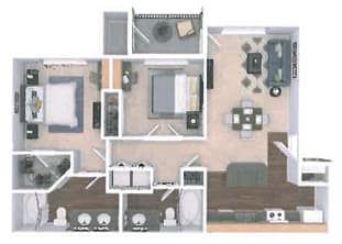 A floor plan of a two-bedroom apartment with a kitchen, living room, and bathroom.