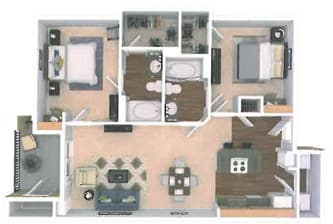 A floor plan of a two-bedroom apartment with a living room, kitchen, and bathroom.