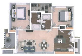 A floor plan of a house with a kitchen, living room, and two bedrooms.