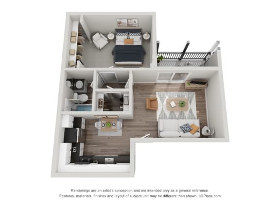 a stylized floor plan with a bedroom and a living room