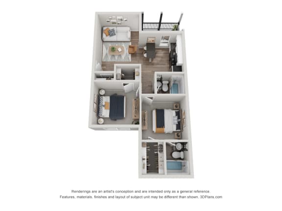 a stylized floor plan with a bedroom and a living room
