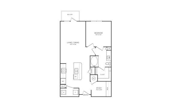 A floor plan of an apartment with a living room, dining room, kitchen, study, and two bathrooms.
