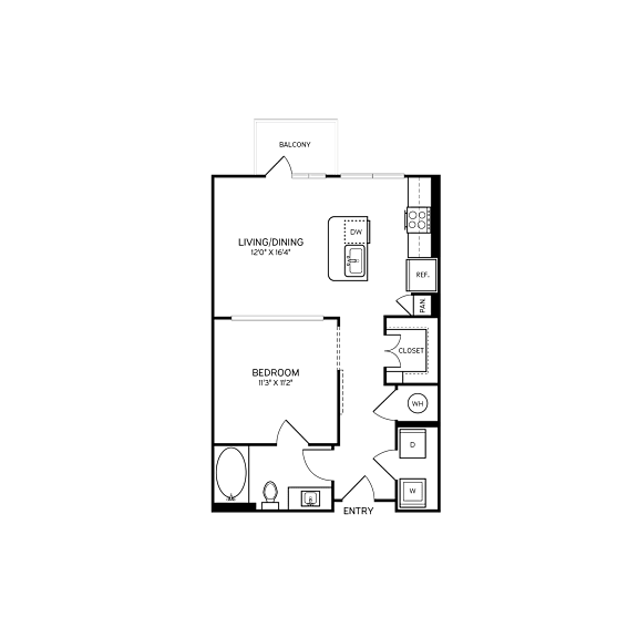 A floor plan of a small apartment with a living area, dining area, and bedroom.