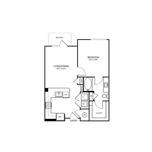 A floor plan of a house with a bedroom, living room, and kitchen.