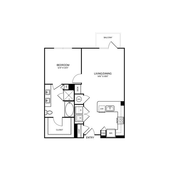 A floor plan of a house with a bedroom, living/dining area, and a closet.