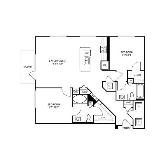 A floor plan of a house with a living room, two bedrooms, a bathroom, and a closet.