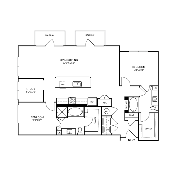 A floor plan of a house with a living room, two bedrooms, a study, a dining room, a balcony, a garage, and a coat closet.