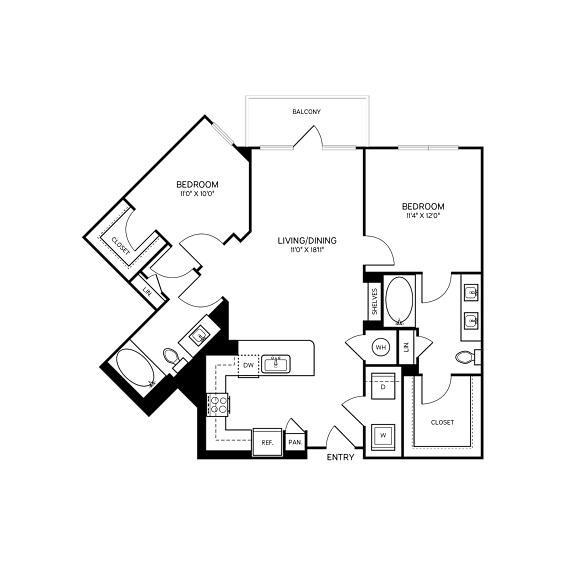 A black and white floor plan of a house with two bedrooms, a living room, a dining room, a kitchen, a bathroom, a laundry room, a pantry, and an entry.