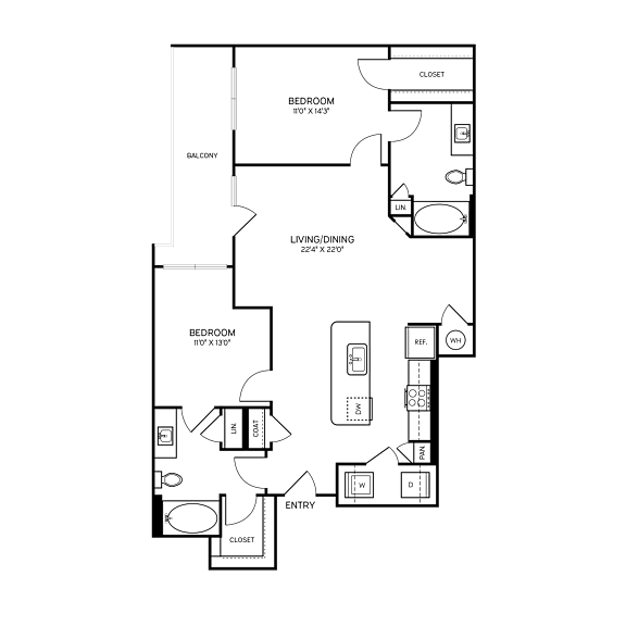 A floor plan of a house with two bedrooms, a living area, and a balcony.