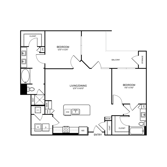 A floor plan of a house with two bedrooms, a living room, a dining room, a kitchen, a bathroom, and a garage.