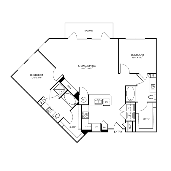 A floor plan of a house with two bedrooms, a living/dining area, a kitchen, a bathroom, a closet, and an entry.