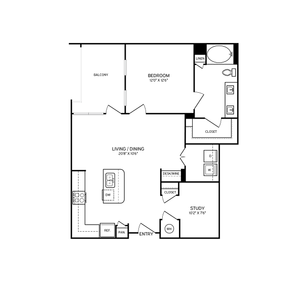 A floor plan of a house with a balcony, bedroom, living room, dining area, study, pantry, and closet.
