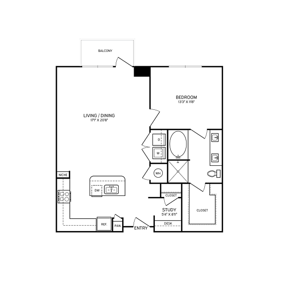 A floor plan of a house with a living room, dining room, study, and bedroom.