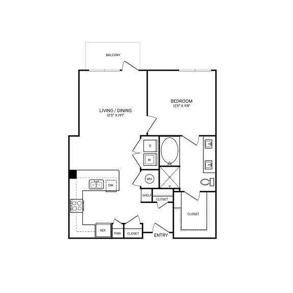 A floor plan of a house with a living room, dining room, two closets, a bedroom, and a balcony.