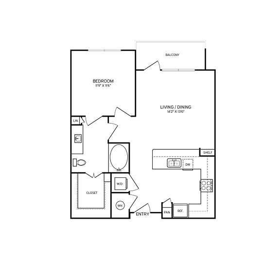 A floor plan of a house with a bedroom, living/dining area, closet, and bathroom.