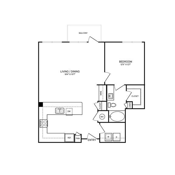 A floor plan of a house with a living room, dining room, kitchen, and bathrooms.