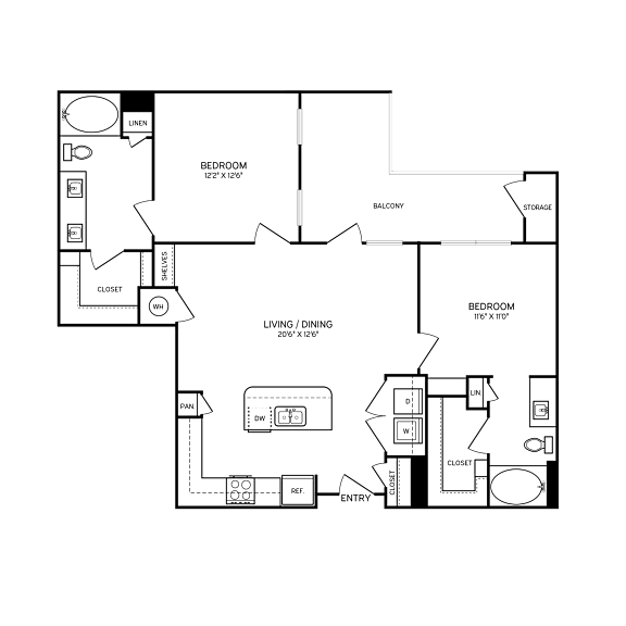 A floor plan of a house with two bedrooms, a living room, and a kitchen.