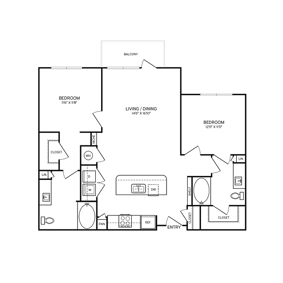 A floor plan of a house with a living room, dining room, two bedrooms, a bathroom, and a kitchen.