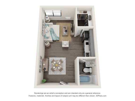 a 3d floor plan of a 1 bedroom apartment