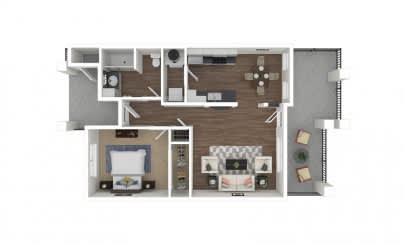 A floor plan of a house with a kitchen, living room, and two bedrooms.