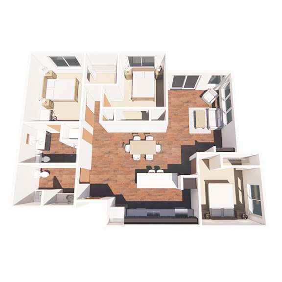 A 3D floor plan of a house with a central courtyard.