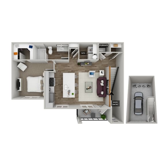 A top down view of a house layout with a garage.