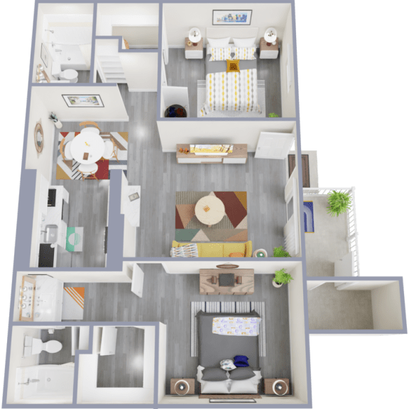 a 3d rendered floor plan of a 1 bedroom apartment