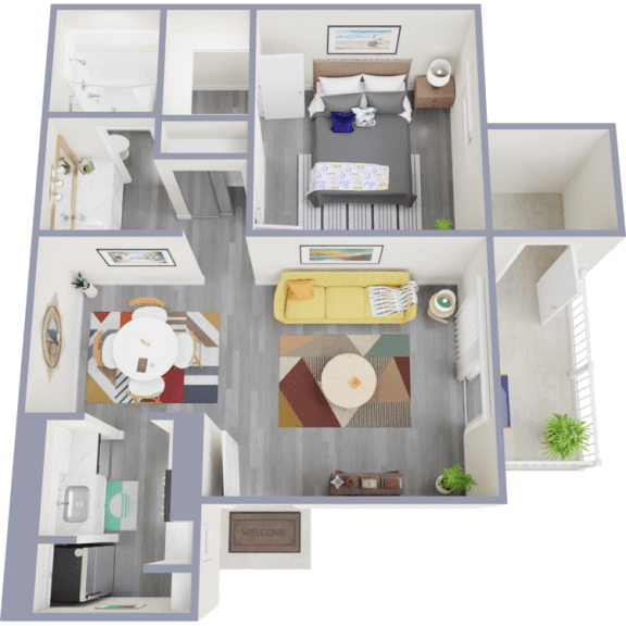 a 3d rendering of our 1 bedroom apartment at princeton court apartments in dallas