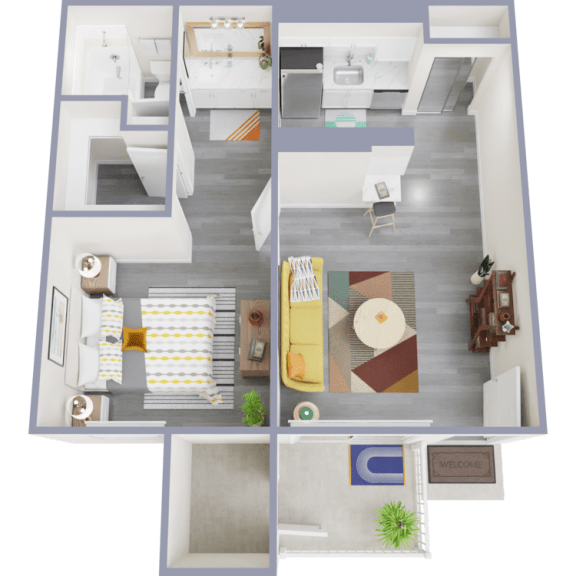a 3d rendering of the 1 bedroom 1 bathroom apartment with a large living room and dining