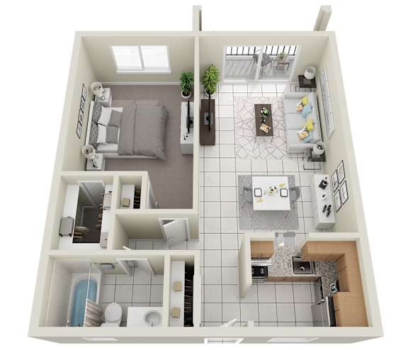 A top down view of a small apartment with a living room, kitchen, and bathroom.