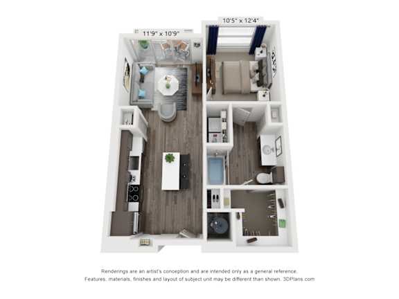 A 3D floor plan of a small apartment with a kitchen, living room, and bathroom.