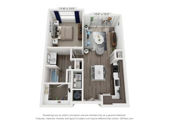 A 3D floor plan of a small apartment with a kitchen, living room, and bathroom.