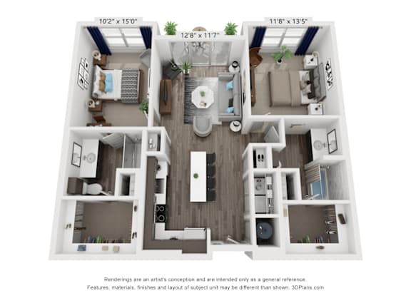 A floor plan of a small apartment with a living room, kitchen, and two bedrooms.