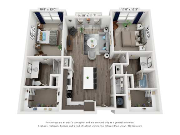 A 3D floor plan of a house with dimensions and a disclaimer.