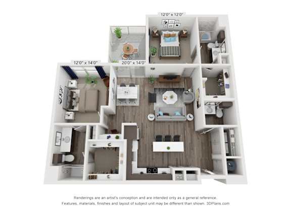 A 3D floor plan of a house with three bedrooms, two bathrooms, a living room, a kitchen, and a dining room.