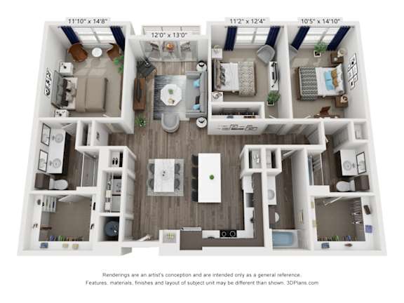 A 3D floor plan of a house with four different layouts.
