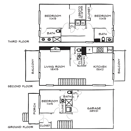 A floor plan of a house with three bedrooms, two bathrooms, a living room, a kitchen, a garage, and a utility area.
