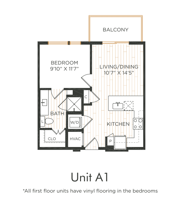 One-bedroom apartment with entry into the kitchen with washer dryer and closet, adjacent living/dining area with balcony access. Bedroom with bathroom, closet, and walk-in closet.