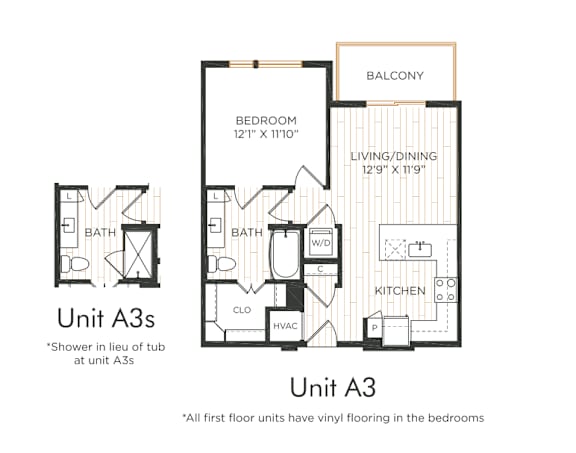 One-bedroom apartment with entry into the kitchen and adjacent living/dining area with balcony access. Bedroom with direct bathroom access and nearby closet space. In-unit washer and dryer included. Select units feature a walk-in shower in place of a tub.